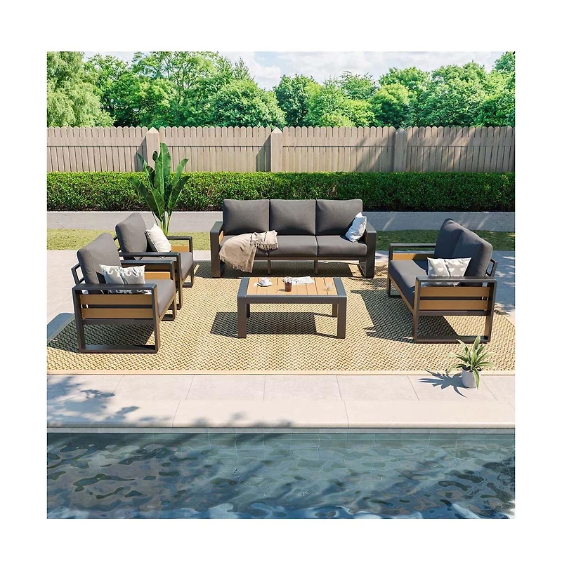 Aoxun Outdoor Patio Conversation Set Durable Aluminum Sofas, Plush Cushions, Wood Texture Table Weatherproof