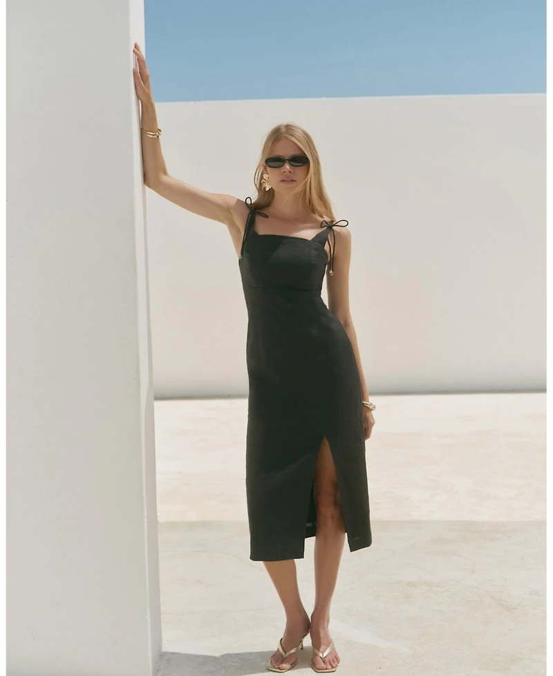 Mint Velvet Women's Linen Square-Neck Bow-Detail Midi Dress
