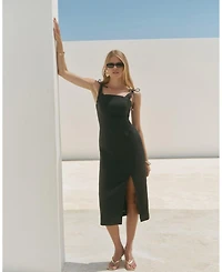 Mint Velvet Women's Linen Square-Neck Bow-Detail Midi Dress