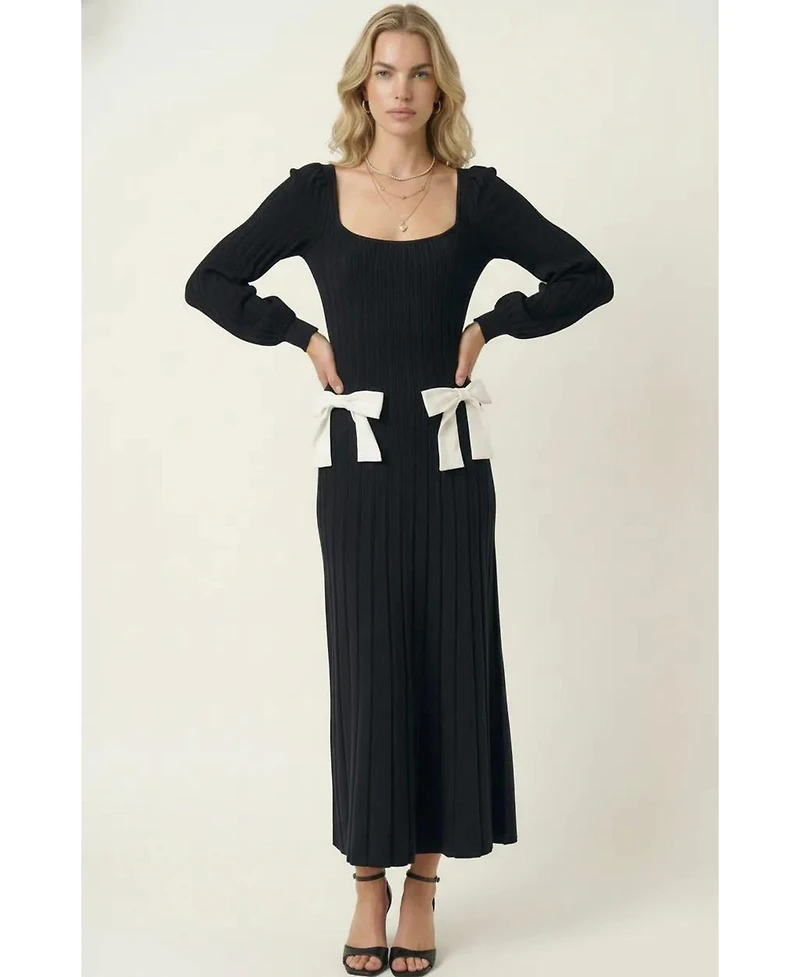 Modenaire Women's Front Bow Detail Ribbed-Knit Midi Dress
