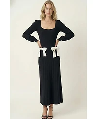 Modenaire Women's Front Bow Detail Ribbed-Knit Midi Dress