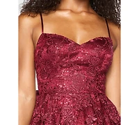 Alex & Sophia Juniors' Sweetheart Neckline Embroidered Lace Sequin Back Bow Dress