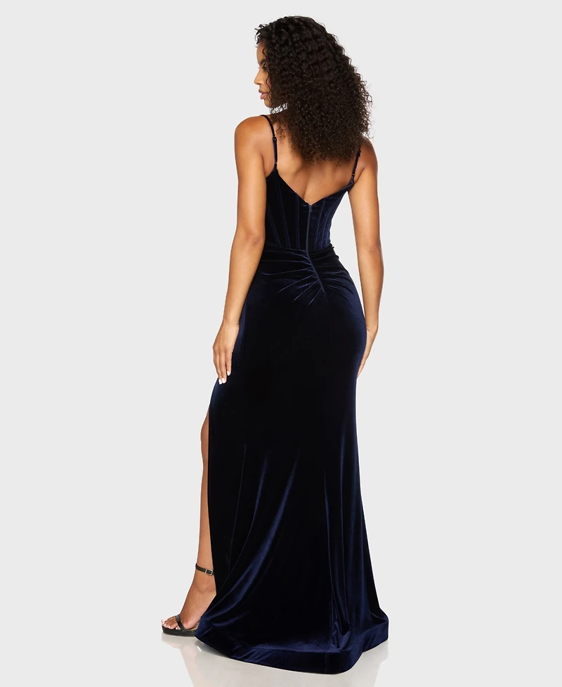 Alex & Sophia Juniors' Sweetheart Neck Velvet Gown with Beaded Applique Detail and Skirt Slit