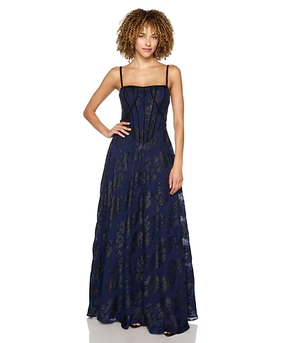 Alex & Sophia Juniors' Floral-Print Chiffon Jacquard Corset Bodice Gown