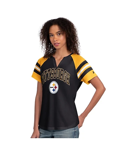Starter Women's Black Pittsburgh Steelers Game On Notch Neck Raglan T-Shirt