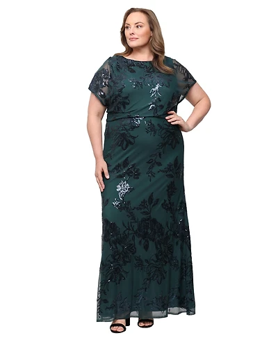Sl Fashions Plus Floral-Print Sequin Formal Gown