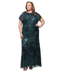 Sl Fashions Plus Floral-Print Sequin Formal Gown