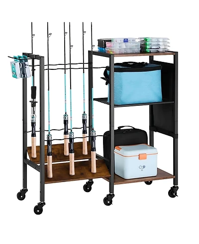 Sugift 12 Rod Mobile Fishing Rod Rack with Storage Shelves and 6 Locking Caster Wheels