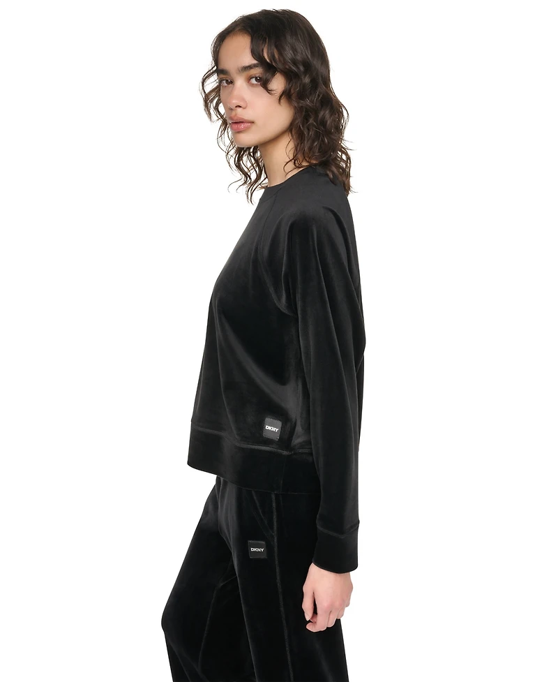 Dkny Sport Women's Velour Raglan Long-Sleeve Pullover Top with Metallic Logo Satin Patch