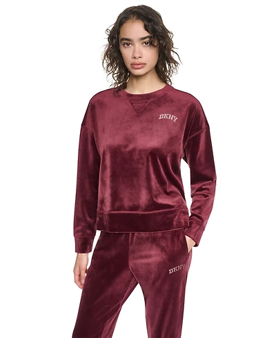 Dkny Sport Women's Velour Relaxed-Fit High-Low Crewneck Pullover Top with Varsity Rhinestone Logo