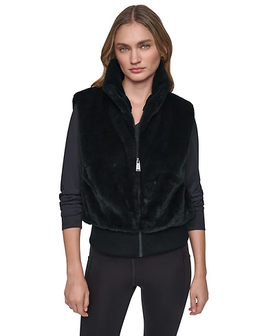 Dkny Sport Women's Mock-Neck Ribbed-Knit Hem Faux Fur Vest