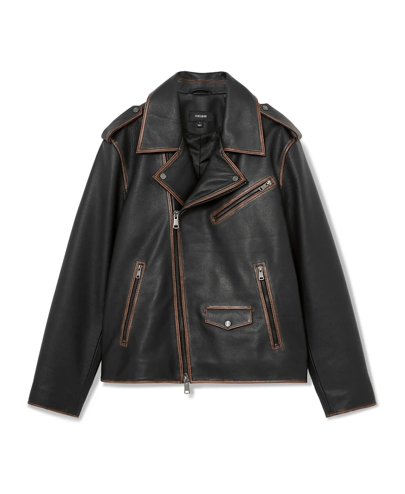 Reiss Men's Winnen Leather Burnished-Detail Biker Jacket