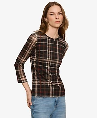 Sanctuary Women's Plaid Mesh 3/4 Sleeve Top