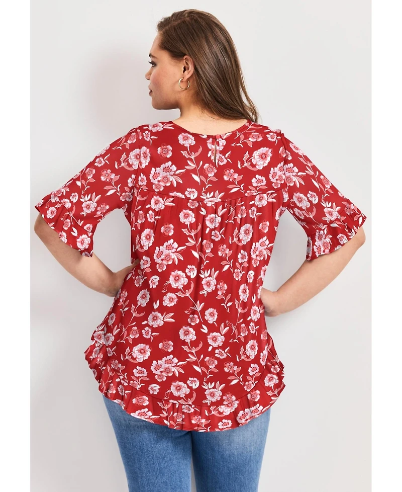 Avenue Women's Plus Crew Ruffle Hem Top
