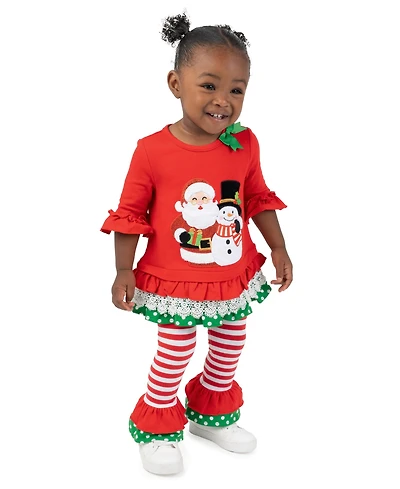 Rare Editions Baby Girls' Solid Knit and Snowman Applique Top Stripe Leggings, 2-Piece Set