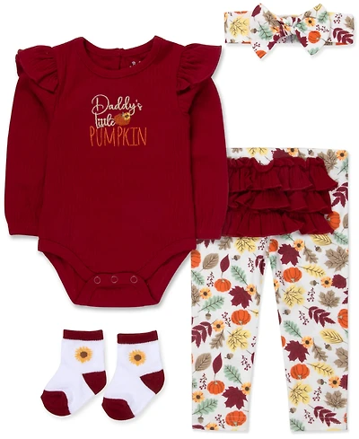 Baby Essentials Girls' Daddy's Little Pumpkin Long-Sleeve Ribbed Bodysuit, Leggings, Headband & Socks, 4-Piece Set