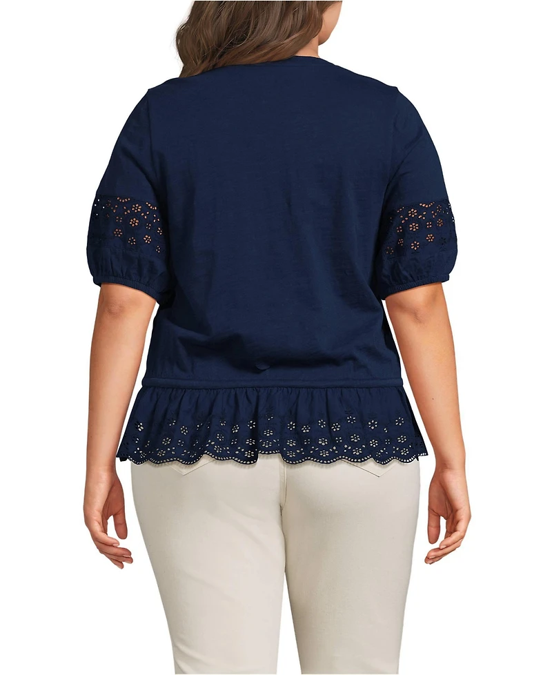 Lands' End Plus Elbow Sleeve Slub Lace Trim Adjustable Hem Top