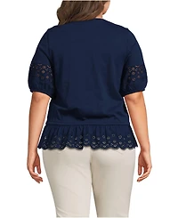 Lands' End Plus Elbow Sleeve Slub Lace Trim Adjustable Hem Top
