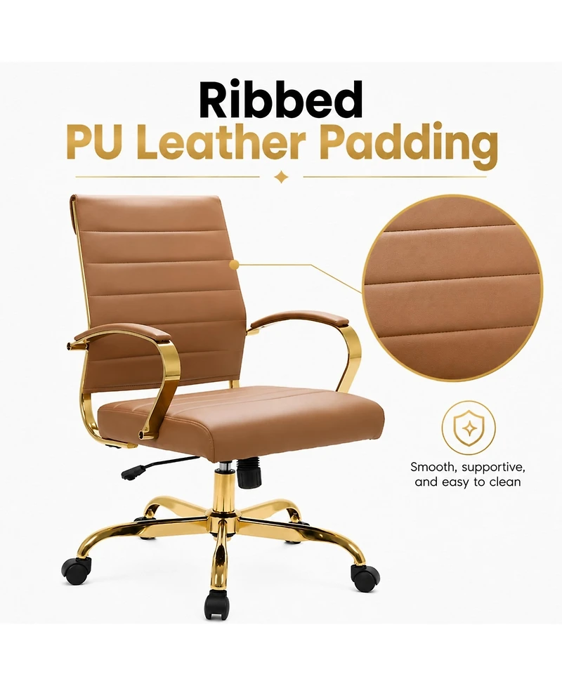 LeisureMod Benmar Leather Office Chair with Gold Accents, Adjustable Height, Swivel, Ergonomic Design for Home Office or Workspace