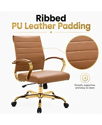LeisureMod Benmar Leather Office Chair with Gold Accents, Adjustable Height, Swivel, Ergonomic Design for Home Office or Workspace
