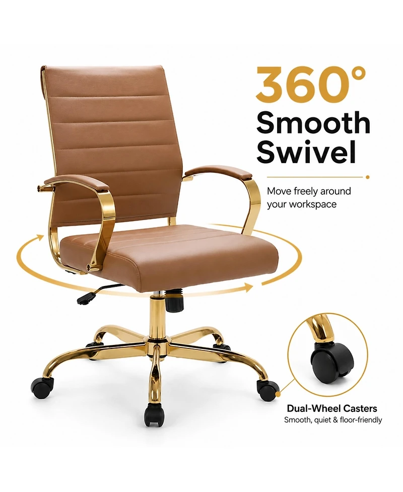 LeisureMod Benmar Leather Office Chair with Gold Accents, Adjustable Height, Swivel, Ergonomic Design for Home Office or Workspace