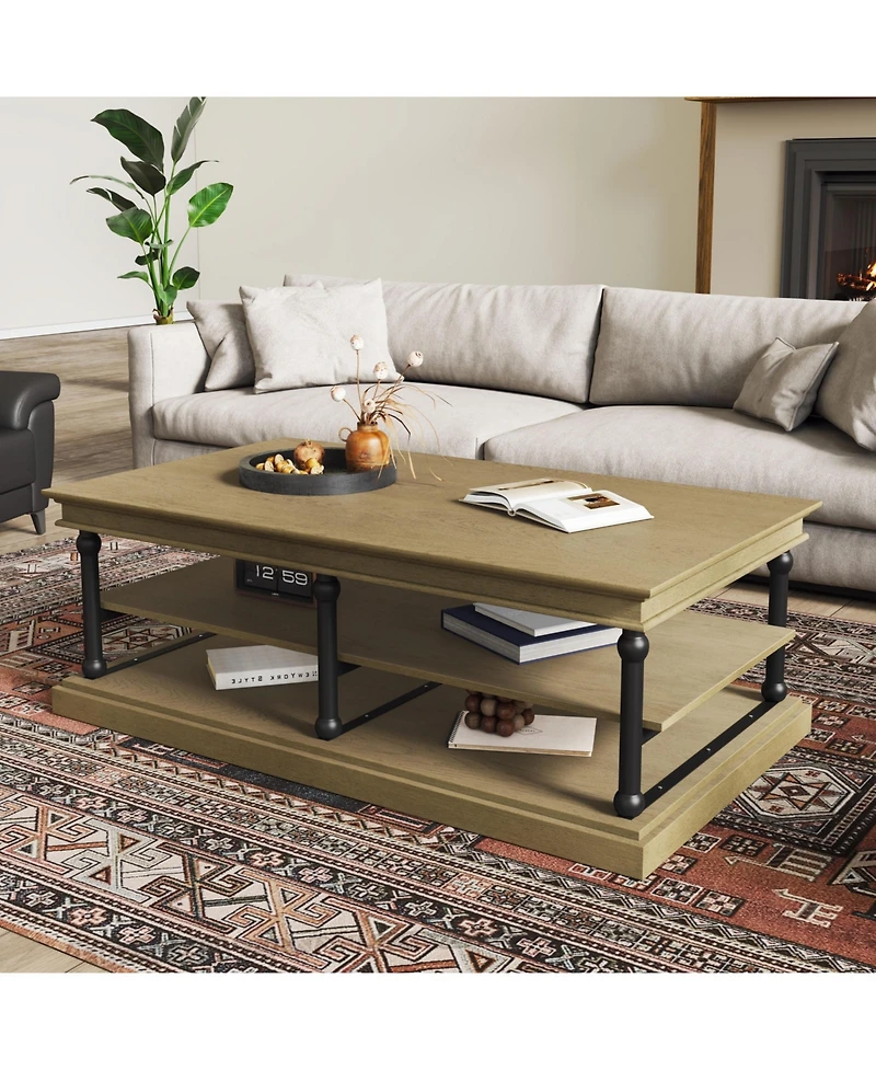 Boyel Living 55" Modern Wood Coffee Table, Brown Finish with Metal Legs, 2-Tier Open Storage Shelves for Room