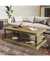 Boyel Living 55" Modern Wood Coffee Table, Brown Finish with Metal Legs, 2-Tier Open Storage Shelves for Room