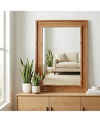 Phying Rectangular Rattan Wall Mirror 20x30 Inch Solid Wood Frame Farmhouse Decorative Vanity Mirror Aesthetic Wall Art for Home Bathroom