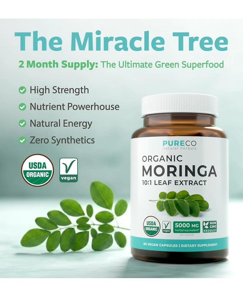 Pure Co Moringa Leaf Supplement, High Potency Moringa Leaf Extract, , Non-gmo, 60 Capsules