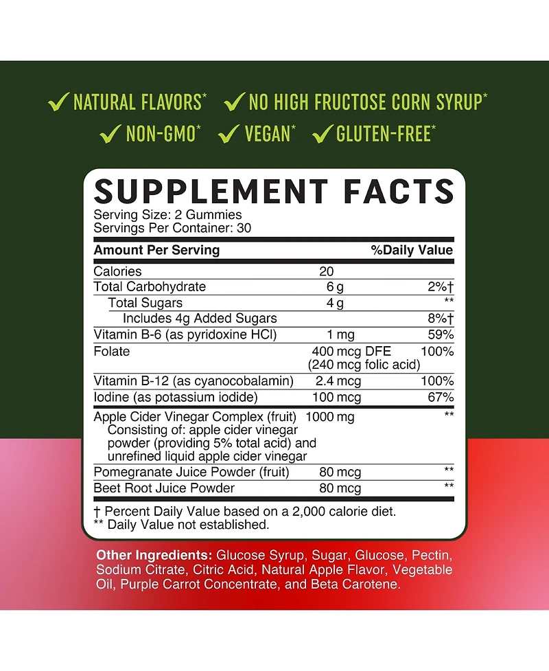 Mav Nutrition Metabolism Gummies with Apple Cider Vinegar, B Vitamins and Folate, Apple Flavor, 60 Count