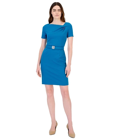 Anne Klein Petite Short-Sleeve Pleated Asymmetrical-Neckline Dress