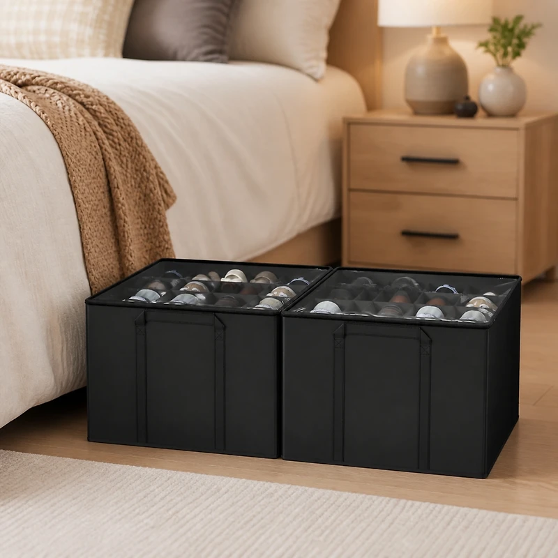 SpaceAid Shoe Organizer for Closet, 2 Pack Foldable Shoe Storage Bins with Adjustable Dividers, Holds 16-32 Pairs