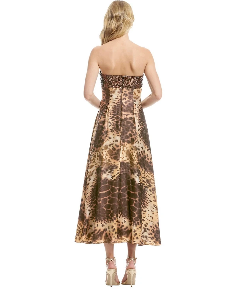 Dress The Population Women's Miranda Strapless Sequin Bustier Leopard Print Midi Dress
