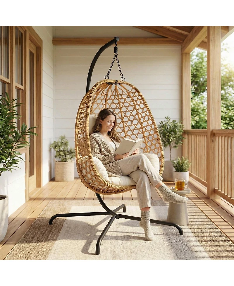 Asagikoiai Set of 2 Outdoor Hanging Egg Chairs with Stand and Cushions, Wicker Patio Swing Hammock