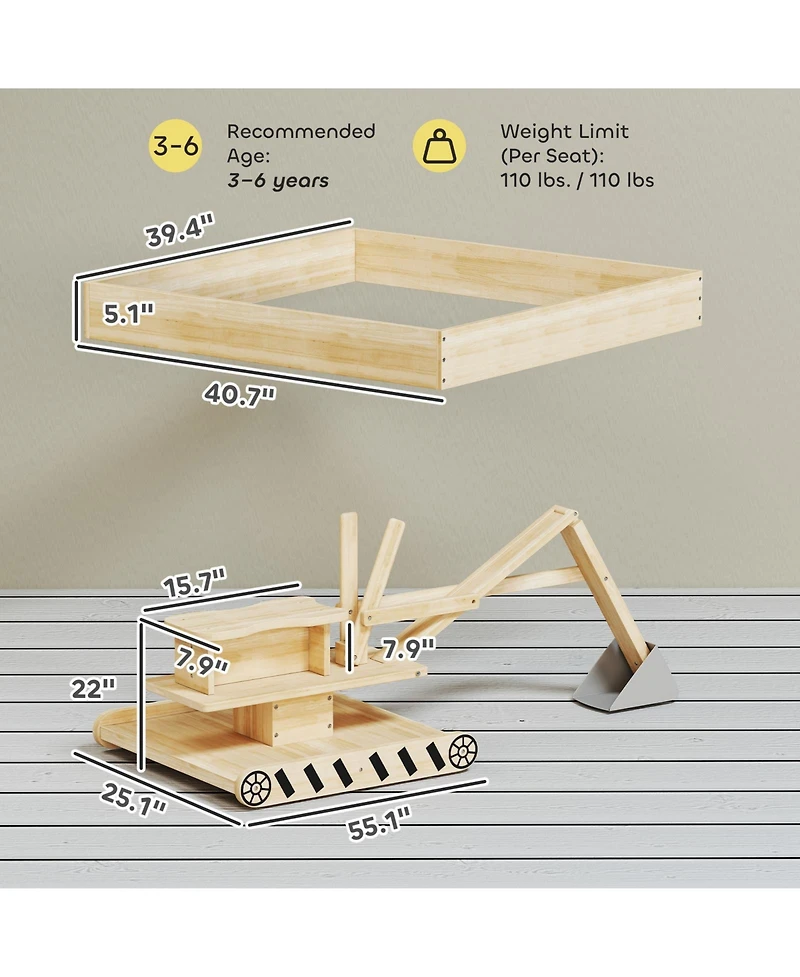 Glintex Wooden Sandbox with 360-Degree Digger and Liner, 72" x 35", Holds 440 lbs of Sand, Ages 3-6