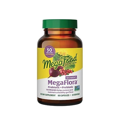 MegaFood MegaFlora Probiotics for Women, Probiotic + Prebiotic, 50 Billion Live Cultures, 60 Capsules
