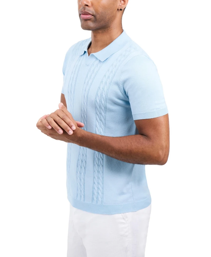 Spring + Mercer Men's Cable Knit Johnny Collar Sweater Slim-Fit Polo Shirt