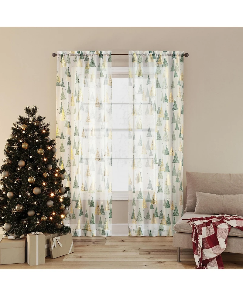 No. 918 Balsam Christmas Tree Metallic Sheer Rod Pocket Curtain Panel Pair