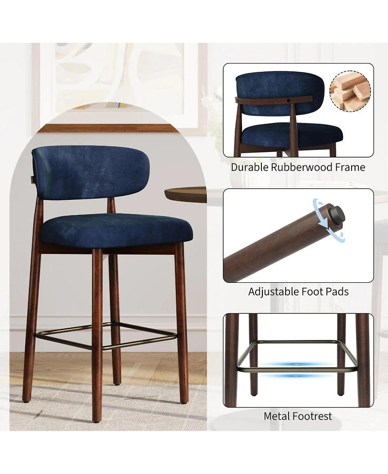 gaomon Set of 4 Upholstered Counter Height Bar Stools with Wood Legs and Curved Back, Linen Kitchen Island Chairs with Footrest