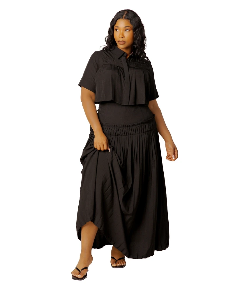 Buxom Couture Plus Pleated Cropped Collared Top and Skirt Set