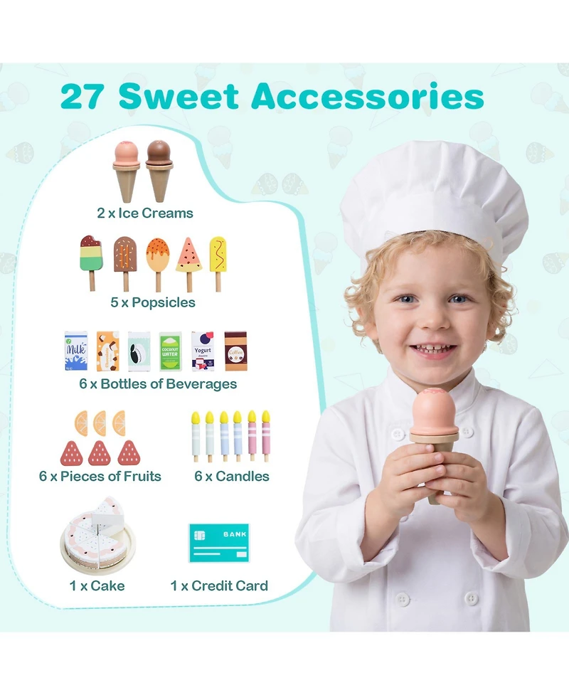 Gymax Ice Cream Shop Wooden 27-Piece Playset, Ages 3+