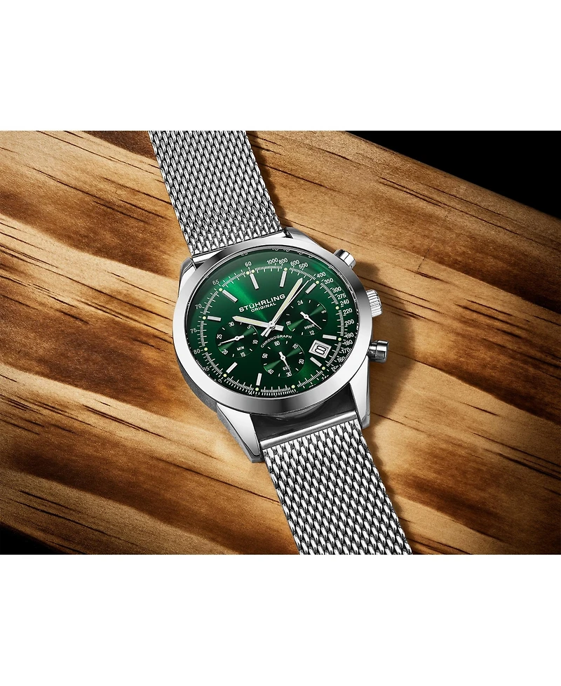 Stuhrling Rialto 3975.9 Men s Chronograph Watch – Quartz Movement, 44mm Silver-Tone Case, Green Dial, Stainless Steel Mesh Bracelet