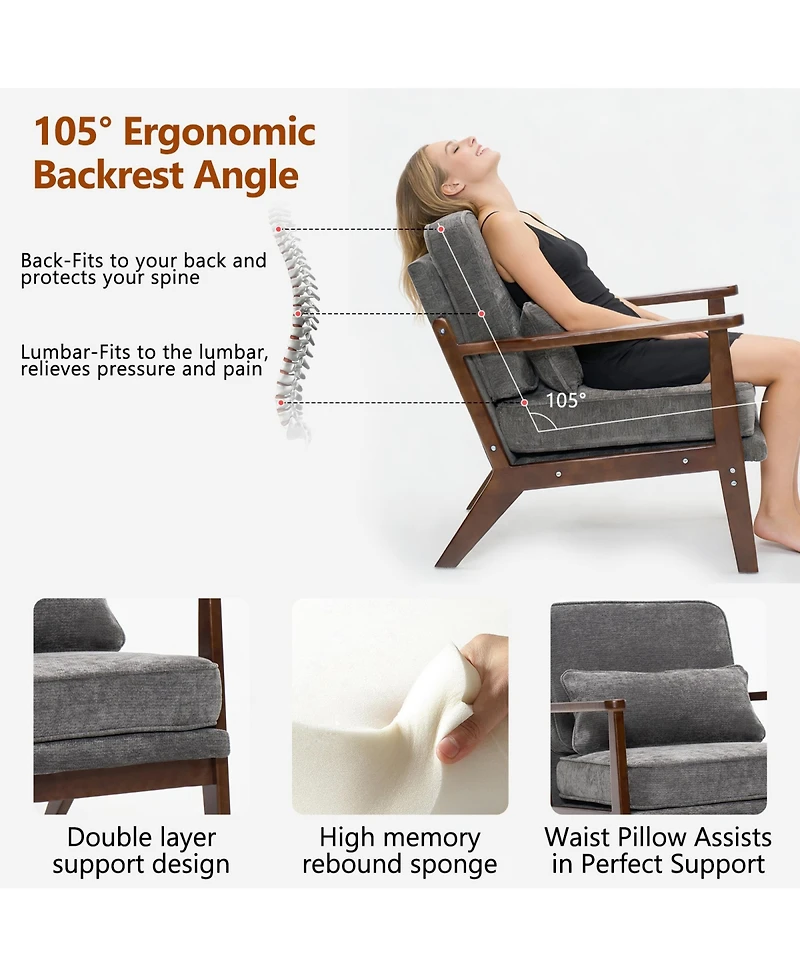 Rainsken Upholstered Mid Century Modern Accent Chair with Straight Wood Armrests and Lumbar Pillow