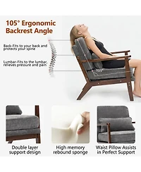 Rainsken Upholstered Mid Century Modern Accent Chair with Straight Wood Armrests and Lumbar Pillow