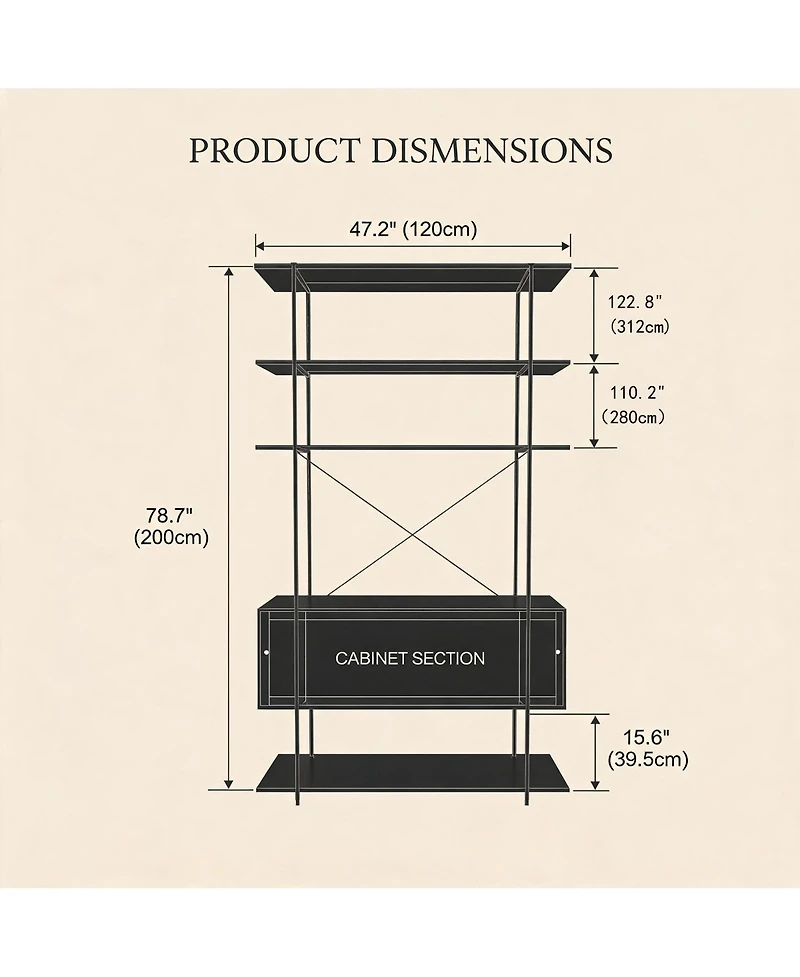 homfan 5-Tier Industrial Bookshelf with Cabinet, Heavy Duty Wood Bookcase Display, Sturdy Metal Frame Storage Shelving Unit for Home Office