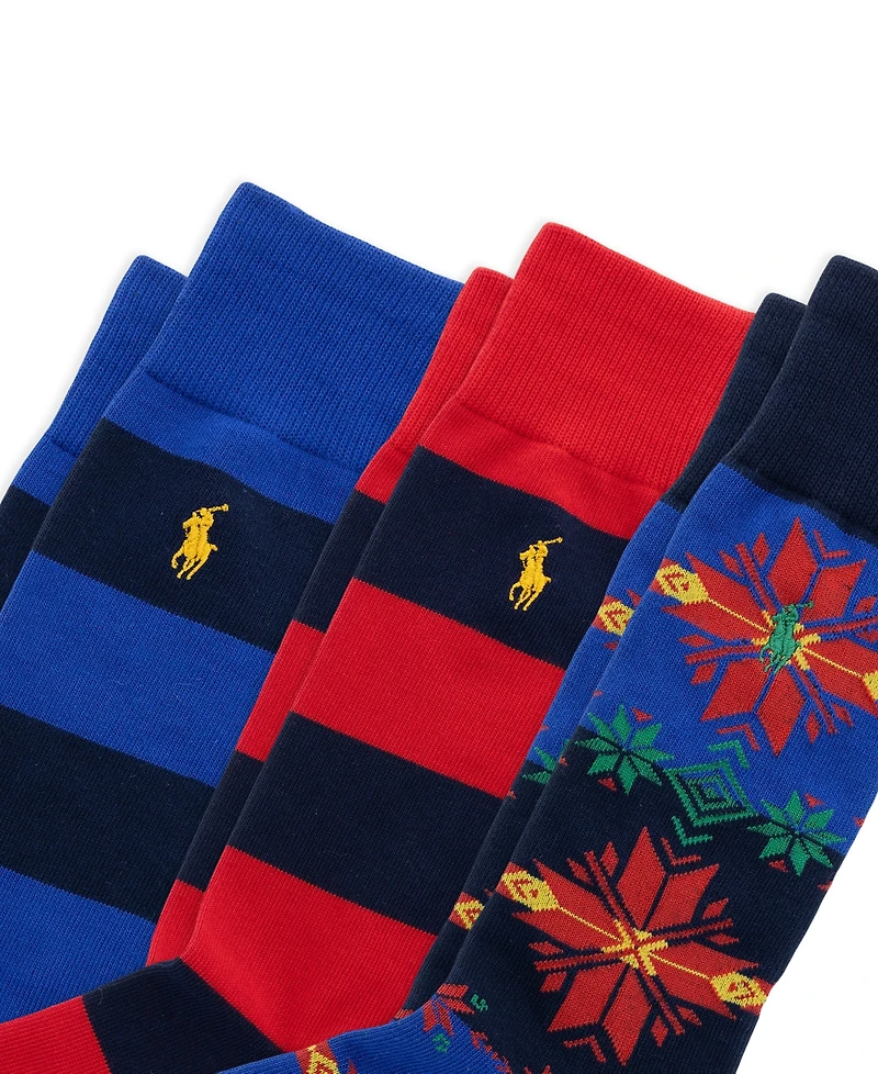 Polo Ralph Lauren Men's Snowflake/Rugby Stripes Cotton-Blend Crew Socks, 3-Pack