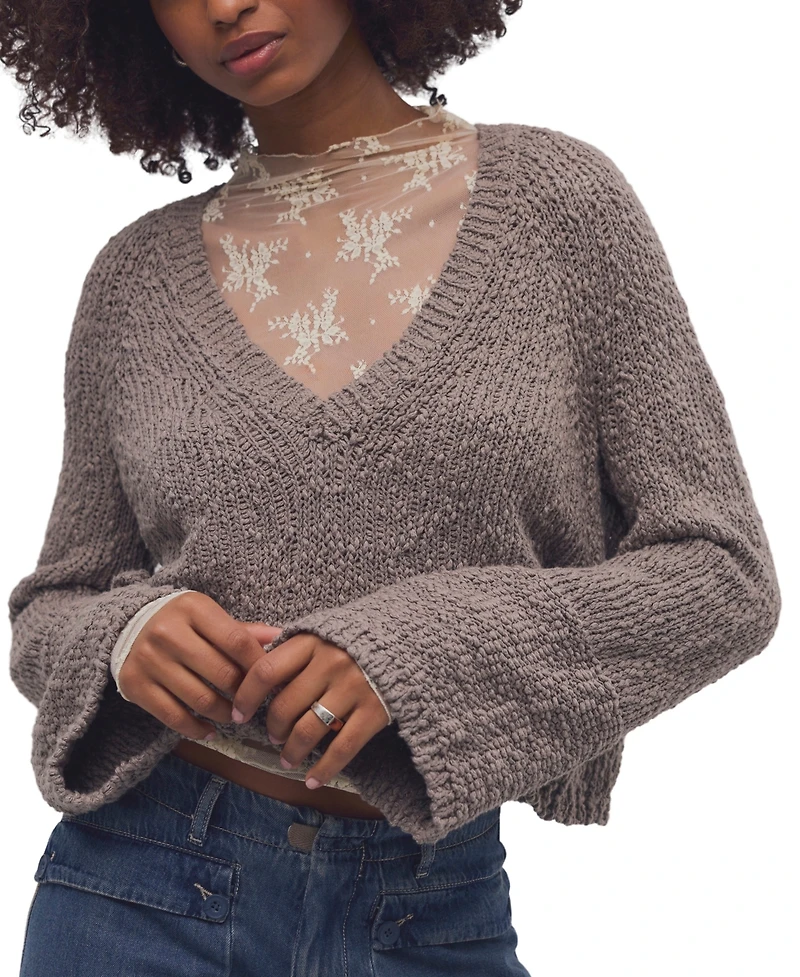 Free People Women's Heartland Cropped Flared-Sleeve V-Neck Pullover