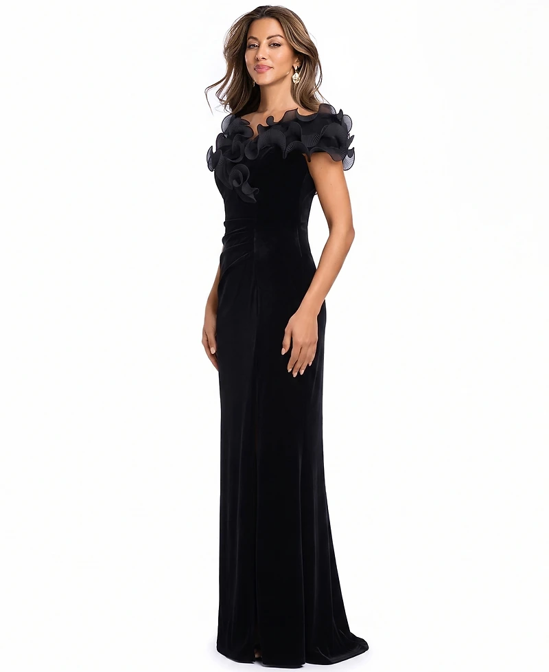 Xscape Women's Velvet Off-the-Shoulder Ruffled Long Gown