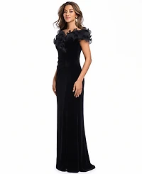 Xscape Women's Velvet Off-the-Shoulder Ruffled Long Gown