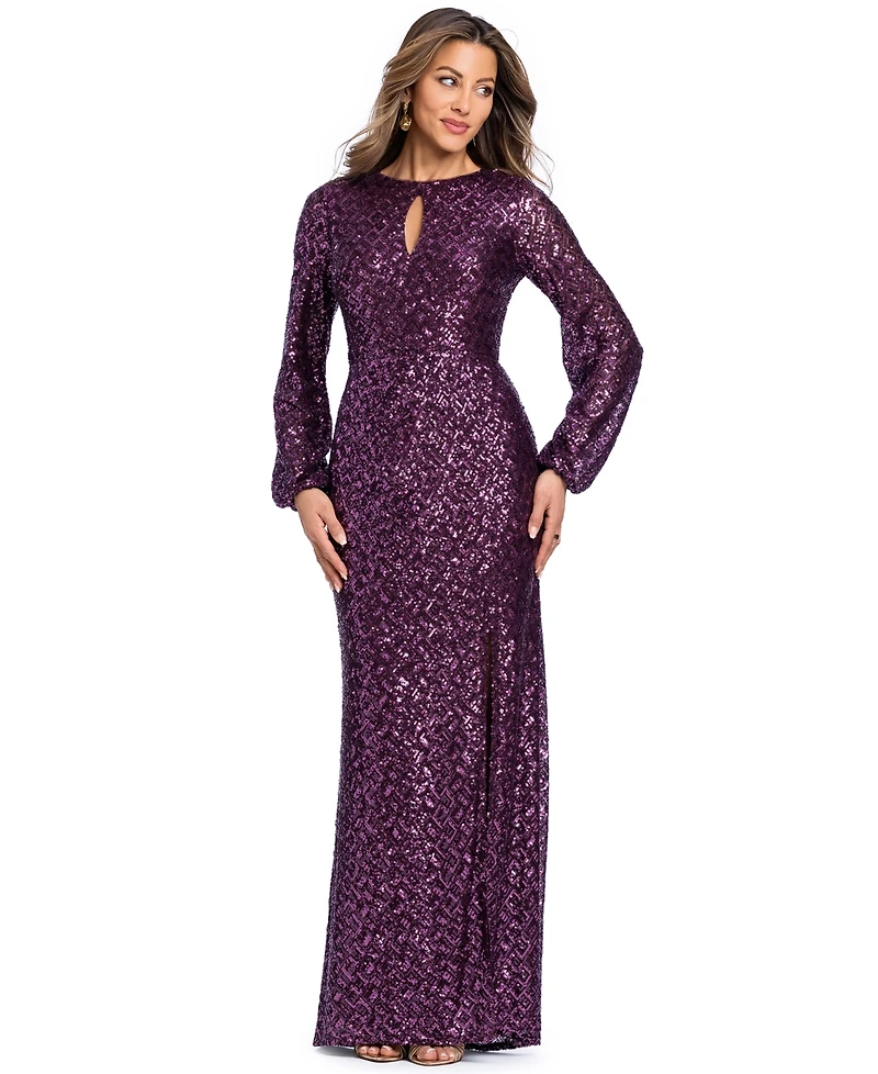 Xscape Women's Sequin Long-Sleeve Keyhole Dress